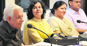 (From left) Dr KL Zakir, Chief Parliamentary Secretary Sharda Rathore, Education Minister Geeta Bhukkal and IAS officer KK Khandelwal at a seminar on Urdu poetry in Chandigarh on Thursday.