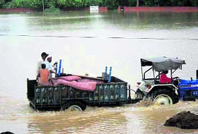 A grower shifts his belongings to a safer place at Ding in Sirsa.