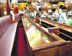 Vacant seats in the Bihar Legislative Assembly a day after 67 legislators were suspended, in Patna on Thursday.