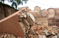 The recently restored portion of the historical Bathinda Fort that has collapsed due to two days of heavy rainfall. 