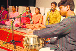 Artistes perform during a function organised by Sanskar Bharti at the Punjab Kala Bhawan in Chandigarh on Friday.