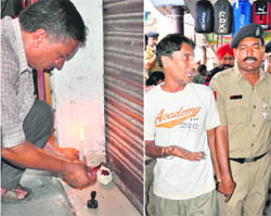 An official seals a shop; (right) and a shopkeeper is arrested after his illeaglly occupied shop was sealed in Krishna Market, Sector 41, Chandigarh, on Friday.