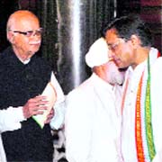Senior BJP leader LK Advani with Congress MP Shashi Tharoor and other leaders during the birth anniversary celebration of Bal Gangadhar Tilak at the Parliament House in New Delhi on Friday.