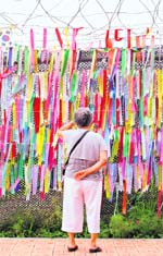 A LONG WAIT: A woman looks at a barbed wire fence on which ribbons bearing wishes for the reunification of North and South Korea are hung at the demilitarised zone separating the two Koreas in Paju, Seoul.  Reuters