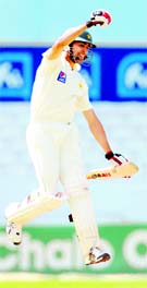 Pakistans Umar Gul celebrates after hitting the winning run against Australia in Leeds on Saturday