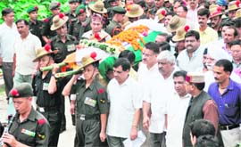The body of Lance Naik Rohit Gurung , who died in a landmine blast in Poonch district, being taken for cremation at Chanderbani in Dehradun 