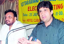 A Uttarakhand Volleyball Assocation member addresses the media in Dehradun on Sunday