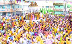 A gathering of devotees at Shanti Kunj Dev in Haridwar on Sunday.
