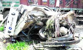The mangled remains of the Maruti car at Mandi Gobindgarh.