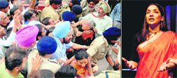 ADC PS Shergill (encircled) escorts a senior citizen caught in the rush at entry point of Tagore Theatre, where Bollywood actress and theatre personality Shabana Azmi (right) gave a performance in Chandigarh