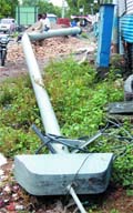 The pole of high mast light, which fell on power cables, caused power breakdown in the Lawrence Road area in Amritsar.