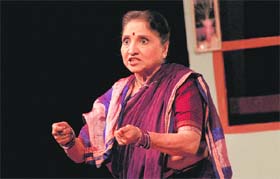 Artiste Sarita Joshi performs in the play Sakubai at Tagore Theatre in Chandigarh