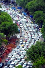 A view of traffic jam at Connaught Place in New Delhi on Tuesday.