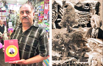 Cambridge Book Depot owner Sunil Arora with a copy of Raja of Harsil: The Legend of Frederick Pahari Wilson in Mussoorie and (right) a Wilson collage (courtesy Robert Hutchinson)