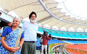 Sports Minister MS Gill and Delhi CM Sheila Dikshit during the inauguration of the Jawaharlal Nehru Stadiumin New Delhi on Tuesday.
