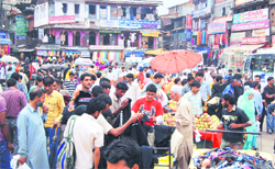 A crowded market in the Hari Singh Street in Srinagar 