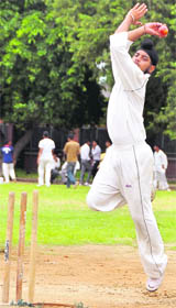 A player in action during a cricket match at the PAU in Ludhiana on Tuesday.