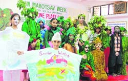Students celebrate vanmahotsava at Green Land Sr Sec Public School in Ludhiana on Wednesday