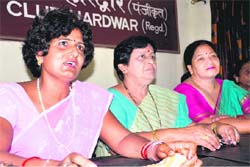 Cong city chief Vimla Pandey,ex-Women Commission chief Dr Santosh Chauhan and ex-city chief Anju Dwivedi speak to the media in Haridwar on Wednesday.