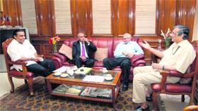 From Left: Reliance Industries chairman Mukesh Ambani, ex-CEO of HUL MS Banga, chairman of Godrej and Boyce Jamshyd Godrej and Agriculture Secretary P. K Basu before a meeting of the Prime Minister's Council on Trade and Industry in New Delhi on Friday. 