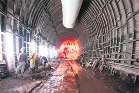 Workers busy in the railway tunnel T-43 in the Ramban area of Jammu