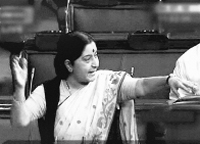 A TV grab shows Leader of Opposition in Lok Sabha Sushma Swaraj during the ongoing monsoon session of Parliament