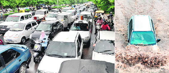 Even as showers provided much-needed relief from humid conditions, waterlogging and long traffic snarls were the order of the day in many parts of Chandigarh. (Right) A car stuck on a flooded road in Industrial Area, Phase I, and (above) long queues of vehicles on road separating Sector 22 and 35.