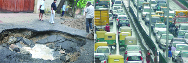 (Left) The caved-in portion of the road in Greater Kailash-II. (Right) Vehicles stuck in traffic jam at Delhi-Badarpur Road