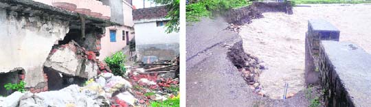 A house damaged by rainwater in the Suman Nagar area and (right) a portion of the Maldevta-Tehri road that was washed away by swelling Song river near Dehradun, on Saturday