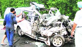 The mangled remains of the Tavera near Rangilpur village on Sunday.
