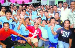 The City Young team celebrate victory after winning the Nemi Dass District Super League in Dehradun on Sunday.