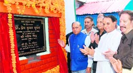 Chief Minister PK Dhumal lays the foundation stone of a bus stand in Chamba on Sunday.