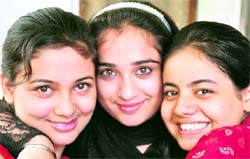 Girls celebrate Friendship Day in Jammu on Sunday