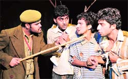 A scene from a play, Hawalaat, directed by Neeraj Kant, which was presented at Natrangs Sunday Theatre
