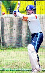 Sachin Tendulkar plays a shot during a practice session, ahead of the third Test against Sri Lanka, in Colombo on Sunday. The third Test starts on Tuesday