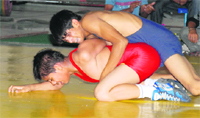 Winner Sewak of GMSSS-23 grapples with Prateek of Sarda Saravhitkari during their final bout in the under-14 (below-49 kg) category of the Inter-School Wrestling Tournament in Chandigarh on Monday. Tribune photo: Pradeep Tewari