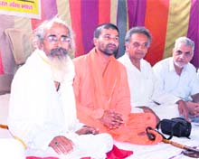 Agitators opposing hydro power projects on the Ganga at Matra Sadan in Haridwar on Monday.