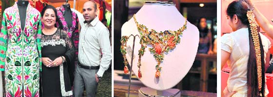 Fashion designers Riimple and Mayyur; a peacock pattern necklace in gold and diamonds from Jaipur on display; and (extreme right) a woman tries diamond-studded hair piece from Sough India in Ludhiana