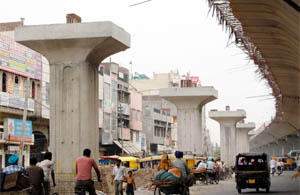 A view of pillars near the elevated road.