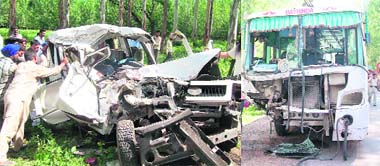 The mangled remains of the Sumo and the bus on the Zirakpur-Patiala highway on Tuesday.