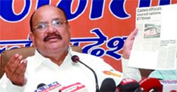 Venkaiah Naidu addresses the press meet in New Delhi on Tuesday.