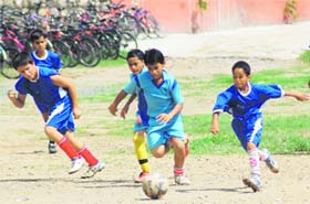 A match in progress at the SGRR Sahodaya Complex Sub-Junior Football Tournament in Dehradun