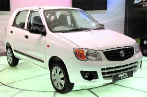 Maruti Suzukis new Alto-K10 is displayed at its launch in New Delhi on Wednesday. It is powered by a 1 litre engine from the company's K-series and is priced between Rs 3.03 lakh and 3.16 lakh (ex-showroom Delhi). Tribune photo: Mukesh Aggarwal