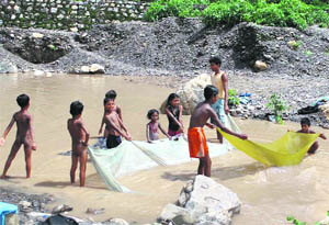 Street urchins catch fish with a polythene sheet in Rishikesh on Wednesday.