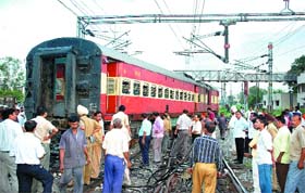 Railway officials inspect the site where a DMU got derailed in Jalandhar