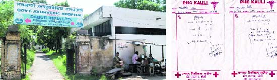 A view of Govt Ayurvedic Hospital (L); and the scanned copy of the prescription slip prescribing allopathic medicines to a patient by an ayurvedic doctor at Primary Health Kauli in Patiala