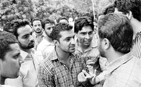PUSU and SOPU activists exchange heated words near the law department at Panjab University in Chandigarh on Thursday.