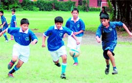 A match of the 26th Carvery Memorial Sub-Junior Football Tournament being played at Col Brown School in Dehradun on Thursday