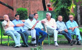 A group of old men spend their afternoon at the Gandhi Park in Dehradun on Thursday