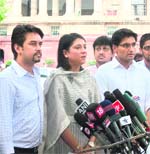 MPs Priya Dutt, Deepender Singh Hooda (R) and Anurag Thakur address the media in New Delhi on Thursday. 